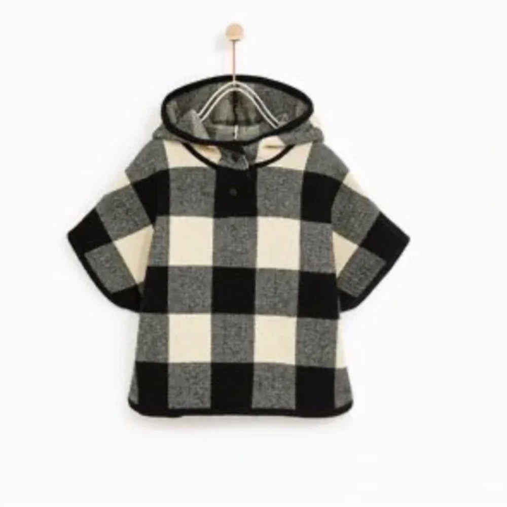 Zara Black White Buffalo Check Poncho
